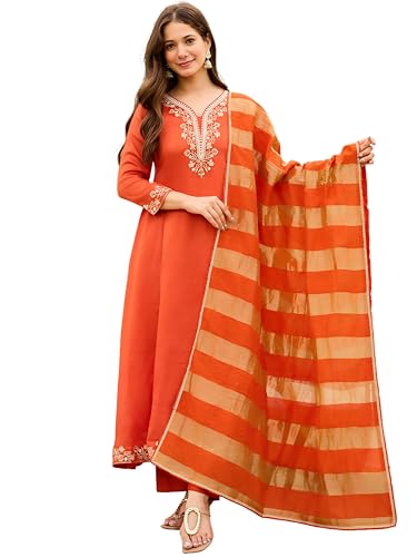 Image of Naixa Women's Vichitra Silk Embroidered Straight Kurta with Pant And Dupatta Sets (NX-823)