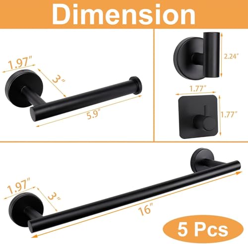 Image of JIALTO 5-Piece Bathroom Towel Holder | Towel Rod | Toilet Roll Stand | Wall Mounted Bathroom Fittings Full Set - 16 Inch Hand Towel Bar | Toilet Paper Holder | Adhesive Hooks(Black, 5 - Pieces Set)