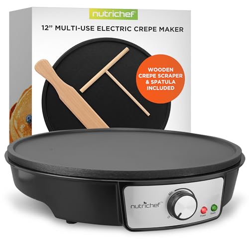 Nutrichef Crêpière et Grille Electrique de 1200 Watts | Plaque de Cuisson Chauffante Antiadhésive 30 cm | Contrôle de Température Réglable | Épandeur de Pâte et Spatule en Bois Inclus (Pcrm12Eu)