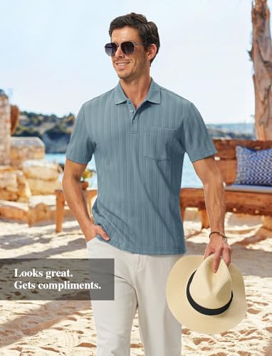 Image of TBMPOY Mens Casual Knit Polo with Pocket Textured Shirts Short Sleeve Classic Summer Vacation