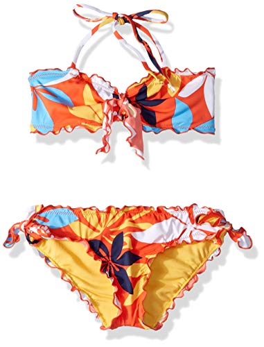 Hobie Girls' Halter Bandeau Bikini Top and Side Tie Hipster Bottom Set, red//Bloomy Daze, 7