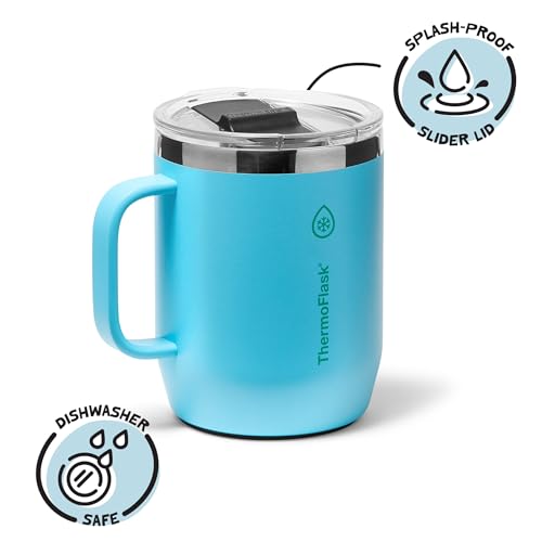 Image of ThermoFlask Insulated Coffee Mug with Handle and Splash-Resistant Lid (12 oz, Vivid Blue) - Stainless Steel Travel Mug for Coffee & Tea