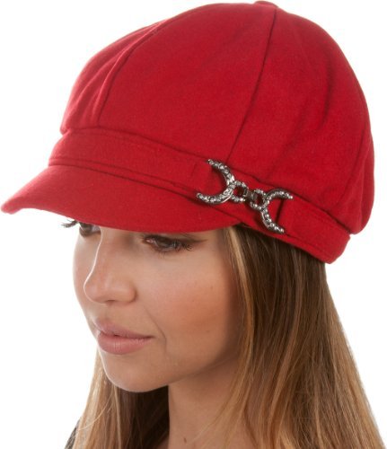 Sakkas 305BC Jessica Wool Newsboy Cabbie Hat with Rhinestone Buckle - Red