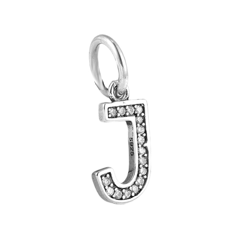 Charm Letra J Inicial Nombre Colgante de Plata 925 - Les Folies para Pandora, Plata de ley, Circonita cúbica