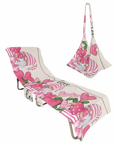 Valentine's Gnomes Pink Beach Chair Towel Covers for Chaise Lounge with Side Pocket, Soft Plush Pool Towels Cover for Patio Sunbathing Outdoor 29''x85'' Romantic Rose Love Gnomes