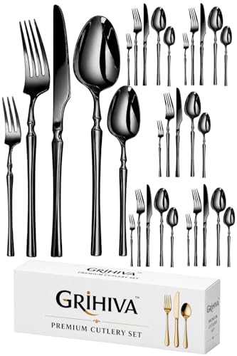 Image of 30 Pcs Black Cutlery Set for Dining Table the Perfect Lightweight Silim Handle Tableware Including Dinner Spoon, Dinner Fork, Dinner Knife, Dessert Spoon & Dessert Fork