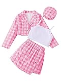 SOLY HUX Girl's Plaid Print Cami Crop Tops and Bodycon Mini Skirt with Blazer Outwear & Hat 4 Piece Outfit Pink and White 11-12Y