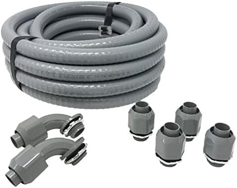 Sealproof Non-Metallic Liquid-Tight Conduit and Connector Kit, 1/2-Inch 25 Foot Made in USA Flexible Electrical Conduit Type B with 4 Straight and 2 90-Degree Conduit Connector Fittings, 1/2" Dia