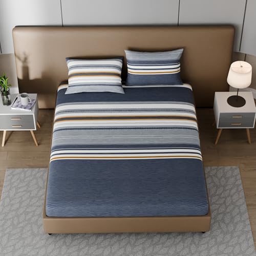 Image of BLISSHOME SoftTouch 150TC Cotton King Size Fitted Bedsheet with 2 Pillow Covers, Silky Smooth Bedding Set, Breathable, Easy Maintain, Geometric Pattern - Grey (183cm x 198cm + 25cm Drop)