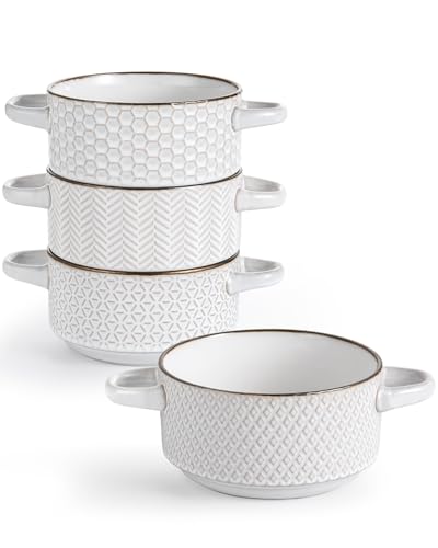 Anmula Tazones para sopa de cebolla francesa– Olla de cerámica con relieve de 27 oz con asas para sopa de cebolla francesa, estofado de res, chile y queso, juego de 4, color blanco