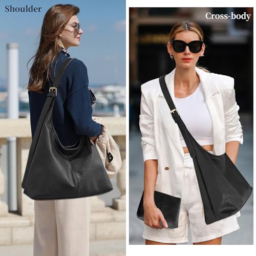 Image of Hobo Bags for Women Tote Bag Retro PU Leather Shoulder Handbags Slouchy Crossbody Hobo Purses 2PCS