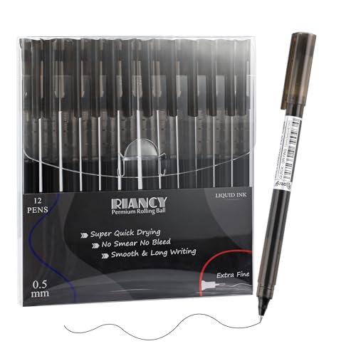 RIANCY Black Fine Point Gel Pens 12Pcs 0.5mm Gel Ballpoint Pens Black Liquid Ink Pens No Smear No Bleed, Smooth Writing Pen for Journaling Note Taking Drawing Sketching Coloring Office School Supplies