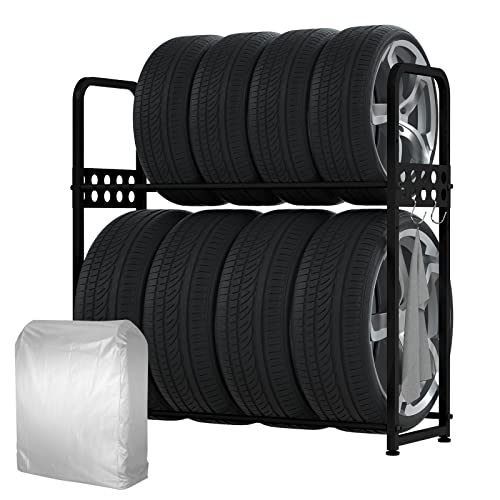 MEICHEPRO タイヤラックセット カバーとキャスター付属 タイヤスタンド 2段式タイヤラック 8本タイヤ収納 耐荷重300kg 幅105.5cm×奥行38cm×高さ106cm (ブラック セット)の画像