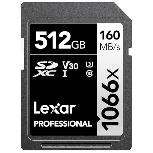 Lexar 512GB Professional 1066x SD Card, UHS-I, C10, U3, V30, Full HD, 4K, Up To 160MB/s Read SDXC Memory Card, for DSLR & Mirrorless Cameras (LSD1066512G-BNNNU)