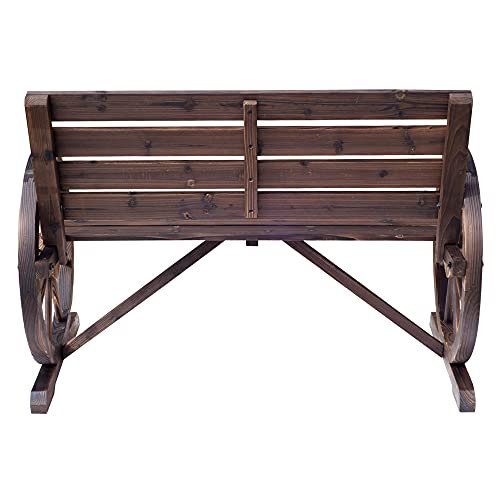 Image of 41 inch Wooden Wagon Wheel Bench, Rustic Outdoor Patio Weather Resistance Furniture, 2 Person Slatted Seat Bench with Backrest, Carbonized