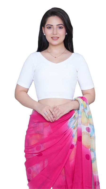 Image of Mlada V-Neck Stretchable Saree Blouse Top for Women | Slim Fit Short Sleeves Solid Cotton Blouses | Readymade Saree Blouses for Women Festive & Ethnic | Blouse Crop Top