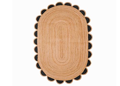 Scalloped Oval Jute Area Rug Scallop Jute Rug for Farmhouse, Bedroom, Living Room, Dining Room (Black Scalloped Jute Rug, 10x14 Feet Oval Rug (120x 168 Inch)/(300x420 cm))