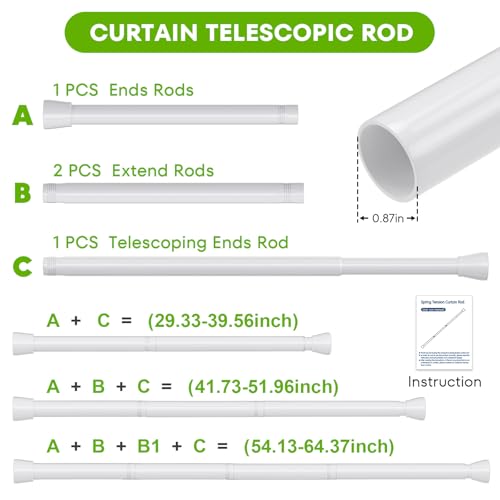 Image of Tension Curtain Rod 30-64 Inch Curtain Rods No Drilling White Tension Spring Rod Adjustable Curtain Rod Expandable Shower Pressure Tension for Windows Closet Doorway