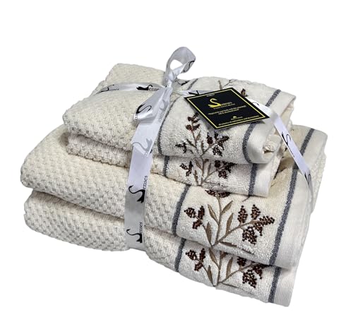 Image of SENSES By Riba Cotton Embroidered Towel Set, 550 GSM Soft & Absorbent, Antimicrobial, Oeko-Tex Certified | Ideal for Home & Gifting, Pack of 4 (2 Bath 27 inchX50 inch + 2 Hand Towels 16 inchX26 inch) - Style 20