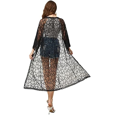 marysgift Lace Kimono for Women Sheer Floral Beach Swimsuit Cover Up Lightweight Shwal Tops Cardigan Long Black Cover