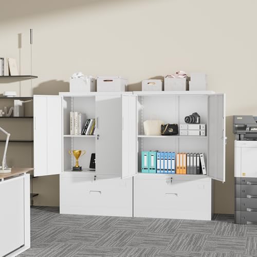 Image of INTERGREAT Metal Storage Cabinet with Drawer,52 inch H*32 inch W*16 inch D File Cabinets,Steel Locking Storage Cabinet with Doors and Shelves for Home,Office,Garage,School,Fit A4 /Letter /Legal File (White)