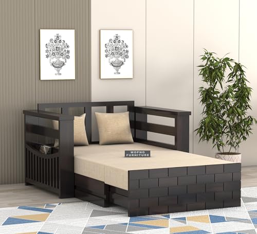 Image of Sheesham Wooden 2 Seater Sofa Cum Bed with Mattresses for Home Living Room | Rosewood 2 Seater Sofa Cums Bed for Bedroom Without Pillow | Solid Wood Sofa Bed (Walnut, 2 Seater)
