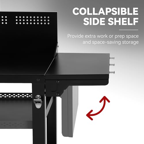 Image of PC4001B 3-Tier Prep & Work Table with Middle Shelf Black | Bottom Shelf, Side Shelf with Hooks, Storage Cabinet, Bottle Opener, Side Handle, 2 Wheels for Easy Mobility,