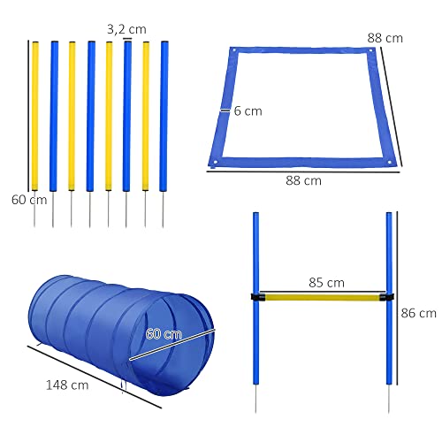 PawHut Agility-Übungs-Set Slalom-Hürden-Tunnel Hundesport Trainingsplatz PE+Polyester Blau+Gelb