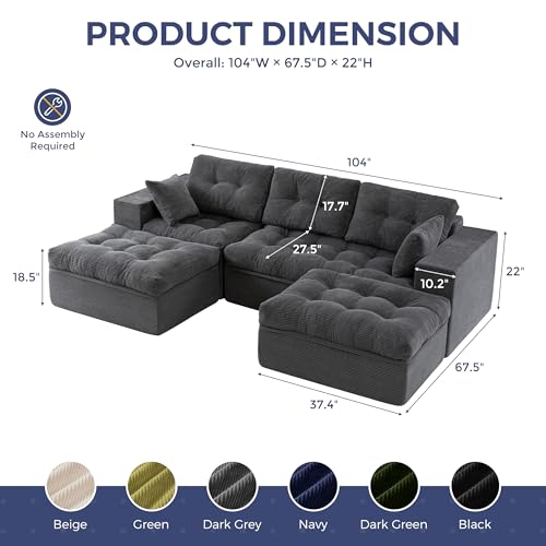 Image of MAXYOYO 104 inch U Shaped Modular Sectional Sofa with 2 Ottomans, Cloud Boneless Couch with Layered Cushion, Flexible Module Combination Sofa for Living Room, No Assembly Required, Dark Grey