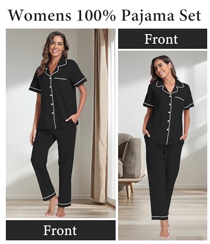 Image of CF Womens 100% Cotton Pajamas Set Button Down Pjs Sets Short Sleeve Top & Long Pants Sleepwear Comfy Loungewear with Pockets
