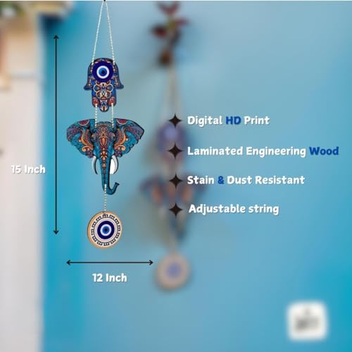 Image of Designer Elephant Wooden Wall Hanging for Home Decor | Hamsa Hand Decoration for Livingroom | Modern Artworks Items | Peace Charm Door Accent Decorative Hangings