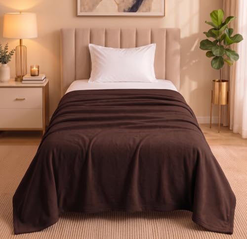 Image of HOMEKART 300 TC All Season Solid /Plain Lightweight Polar Fleece Single Bed Blanket (152 x 230 cm), Brown