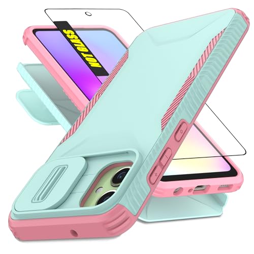 AWZHYDT for Galaxy A05 Case with 1 HD Screen Protector & Slide Camera Cover [Military-Grade] Phone Case Heavy Duty Rugged Shockproof Protective Cover for Samsung Galaxy A05(Cyan/Pink)