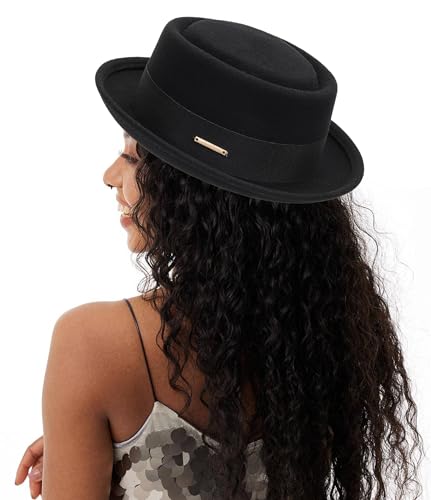 Image of Mens Flat Top Porkpie Hat Bowler Hats - Black Wool Hat with Band(S-M)