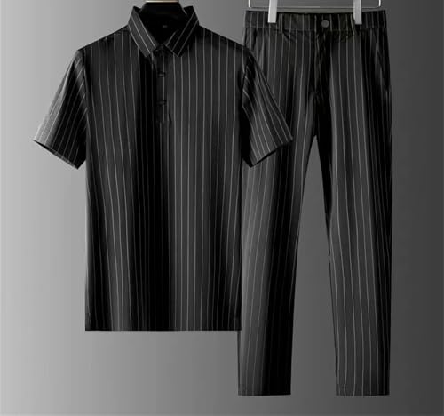 Men Short-Sleeve Thin Stripe Shirt + Trousers Two-Piece Suit Mens Short Sets Business Casual Outfits3