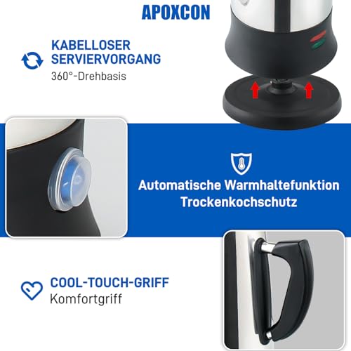 APOXCON 12-Tassen Elektro-Perkolator – CE-Zertifizierter Klassiker mit Schnellbrüh-System, Hitzebeständigem Glasknopf & Kabelloser Servierfunktion
