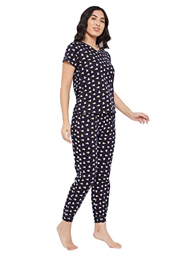 Image of Clovia Women's Cotton Ice Cream Printed Top & Pyjama Set in Blue