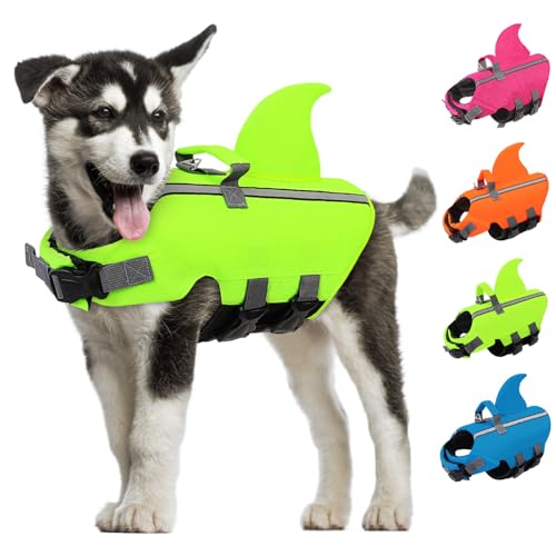 AOFITEE Hai Schwimmweste Hund Klein, Verstellbar Hundeschwimmweste Hai mit Rettungsgriff, Reflektierende Hunde Schwimmweste Hohe Flotation Hund Schwimmweste Rettungsweste für Kleine, Mittlere Hunde