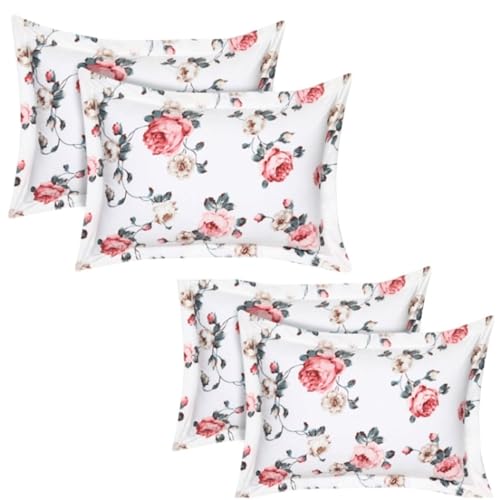 Image of HOUSE FOX Zipper Cotton Pillow Covers /Cases /Protectors (NOT Pillow) Set of 2 Pair Or 4 Pcs,Size -18x28inch with Zip /Chain(RedFloral)
