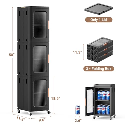 Image of BROVIEW 3-Tier Tall Narrow Storage Cabinet Organizer, Slim Bathroom Cabinets with Adjustable Shelves and Doors, Plastic Kitchen Pantry Organizers and Storages for Small Space, Laundry, Black