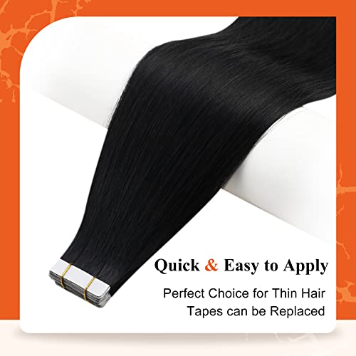 Image of Full Shine Tape Hair Extensions Real Human Hair Color Jet Black Invisible Tape in Hair Extensions Human Hair 14Inch Soft Straight Human Hair Extensions Tape in 20Pcs 50Grams Add Volume