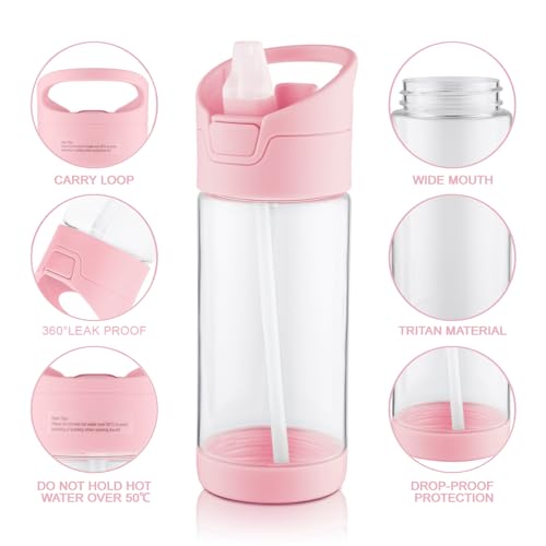 wedrink 12OZ Kids Water Bottle with Straw BPA-Free Tritan Leak-Proof Sports Water Bottle for School (350ml, Pink)
