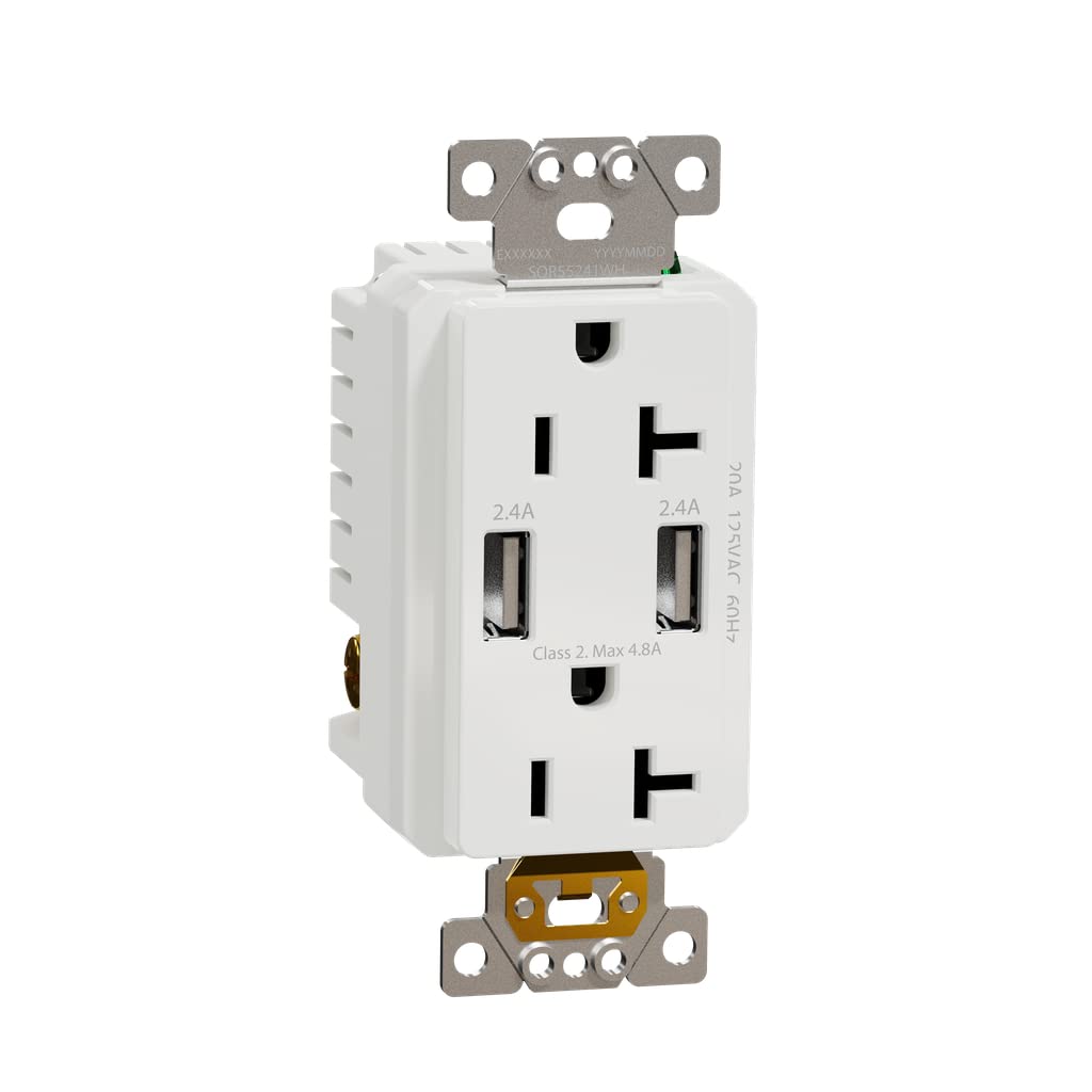 Square D by Schneider Electric Square D X Series USB-A/A and 125 Volt Duplex Decorator Tamper Resistant Electrical Outlet, 20 Amp, Matte White (SQR55241WH)