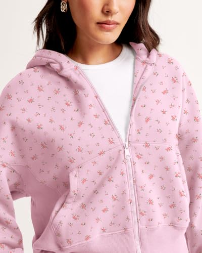 Cioatin Women Zip Up Crop Hoodies Jacket Loose Fit Fleece Sweatshirt Y2K Ditsy Floral Pullover Aesthetic Girls Clothes Fall2