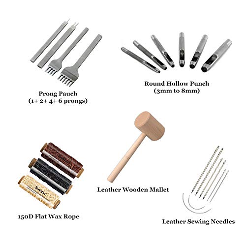 Leather Kit 22 PCS SIMPZIA Leather Hand Stitching Tools Kit with 4mm Prong Punch, Hollow Punch Set and Wooden Hammer for DIY Sewing - Thumbnail 7