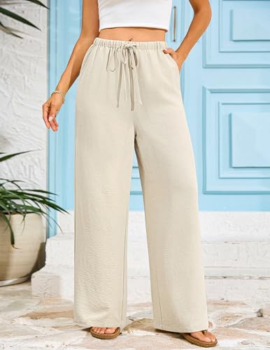LOOKBOHO Women's Linen Summer Palazzo Pants Flowy Wide Leg Beach Pants with Pockets Apricot L — view 5