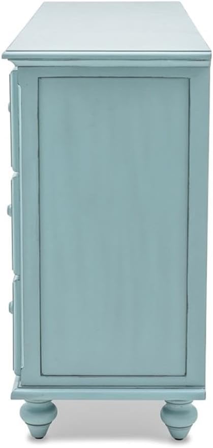 Pemberly Row Modern Coastal Wood Dresser, 58" W x 36" H x 18" D, Mindi Wood, Blue Painted Finish, 7 Drawers, Distressed Look, Full Extension Ball Bearing Glides, Horizontal Bedroom Storage Furniture