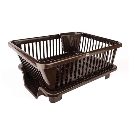 Image of Plastic Kitchen Dish Drainer Rack with Drying Tray & Cutlery Holder | 23 x 46 x 56 cm Utensil Stand & Bartan Stand | Mesh Design Dish Drying Basket Organizer for Kitchen Counter - Brown