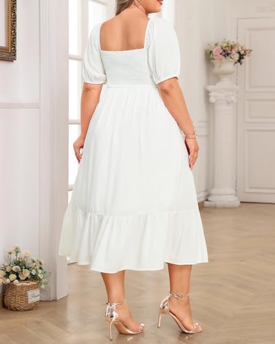 Image of Plus Size Summer Dresses - Boho Casual Wedding Guest Midi Flowy Short Sleeves Smocked Button Down Dress for Curvy Women