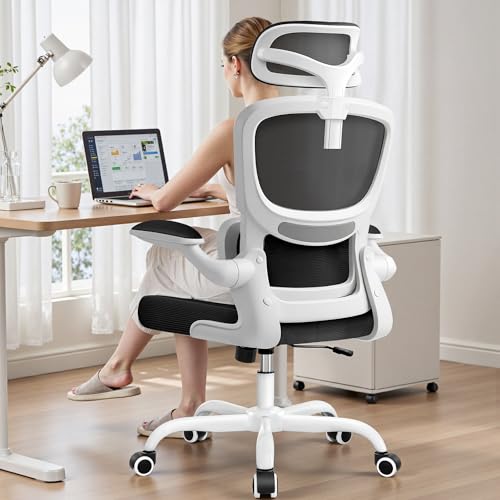 Image of BESTFAIR High Back Ergonomic Office Chair, Breathable Mesh Desk Chair with Lumbar Support, Adjustable Headrest, Flip-up Armrests, Computer Gaming Chair, (White)